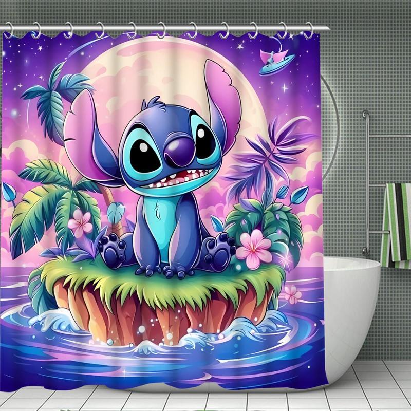 Stitch Pattern Bathroom Decorations, 1 Count/4 Counts Bath Curtain, U-shaped Commode Contour Rug, Bath Mat, Toilet Lid Cover, Bathroom Supplies