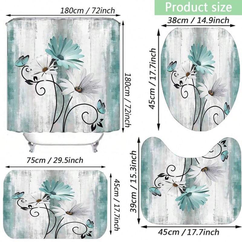 Rustic Farmhouse Bathroom Decor Set, 1 Count Shower Curtain with Hooks & 3 Counts Bath Mat Set, Floral Pattern Bathroom Accessories, Bathroom Supplies