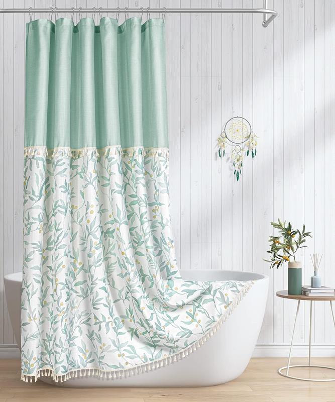 SUMGAR Boho Shower Curtain for Bathroom with Tassels, Linen Textured Fabric Green Leaf Botanical Shower Curtain Set & Hooks, 72" x 72"