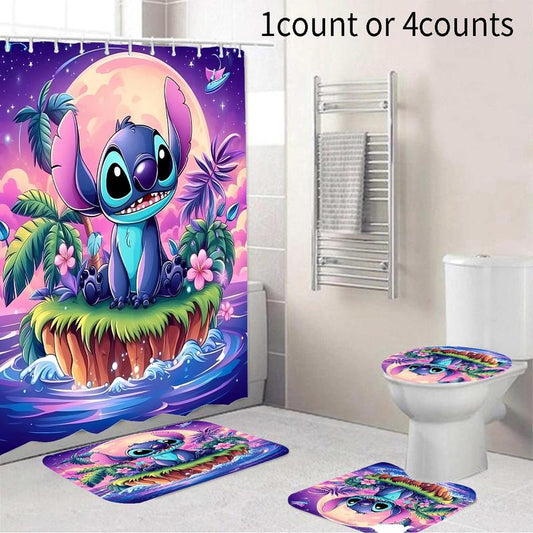 Stitch Pattern Bathroom Decorations, 1 Count/4 Counts Bath Curtain, U-shaped Commode Contour Rug, Bath Mat, Toilet Lid Cover, Bathroom Supplies