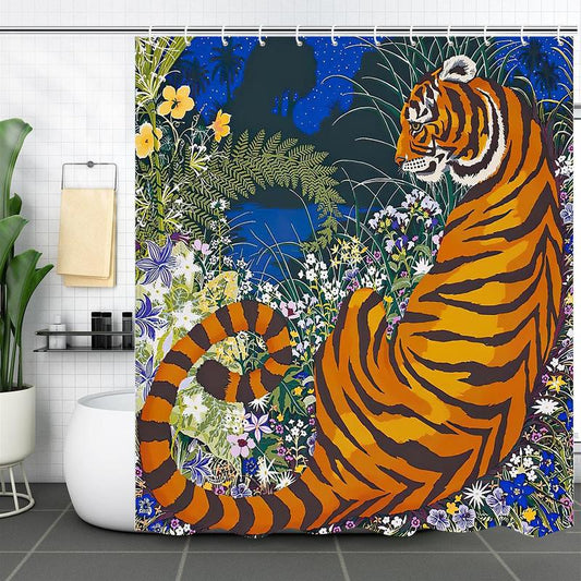 Tiger & Plant Pattern Shower Curtain, Waterproof Bathroom Curtain with Hooks, Bathroom Accessories