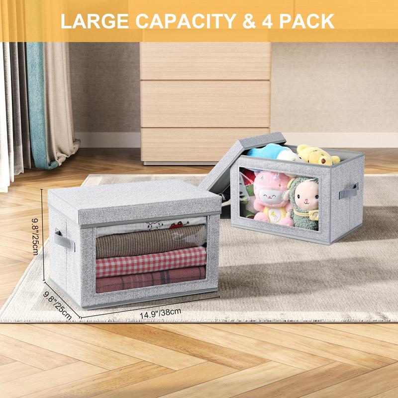 Collapsible Storage Box with Lid (4pcs), Foldable Storage Basket with Handle, Home Organizer for Closet, Bedroom, Living Room, Kitchen