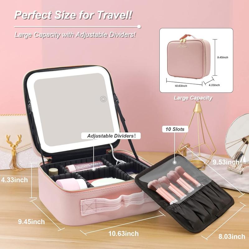 Makeup Bag with Mirror of LED Lighted, Travel Makeup Train Case Cosmetic Bag Organizer with Mirror and Lights, Make up Bag with Light up Mirror Adjustable Divider Brush Board