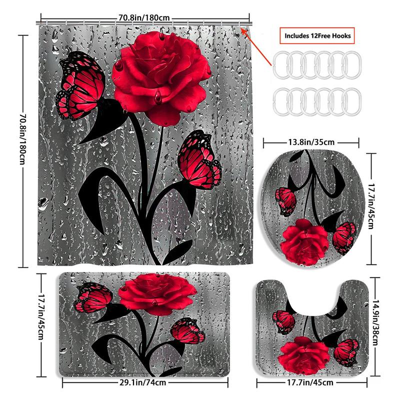 Rose & Butterfly Pattern Bathroom Decor Set, 1 Count/4 Counts Modern Waterproof Bathroom Shower Curtain with 12pcs Hooks, Bathroom Accessories for Home Decor