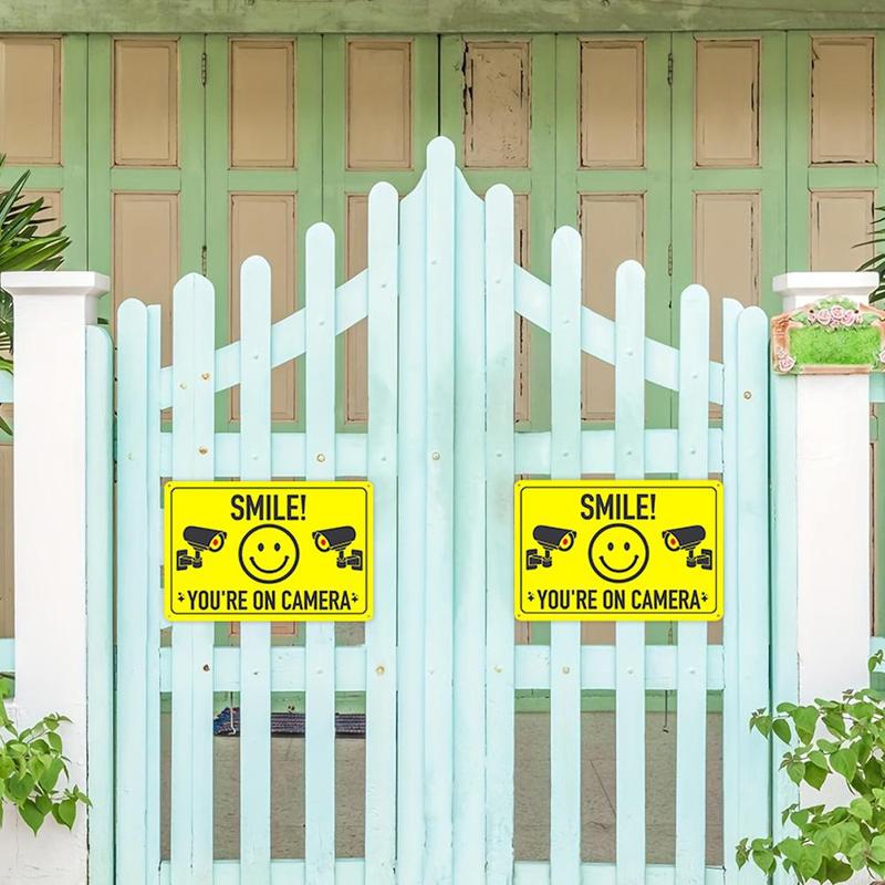 Smile You're on Camera Warning Sign, 2pcs/set Creative Video Surveillance Metal Tin Sign, Security Warning Sign for Outdoor Yard