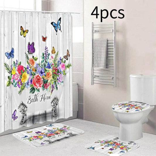 Butterfly & Floral Pattern Bathroom Set, Including Bathroom Curtain & Toilet Mat & Toilet Cover & Bath Mat, Bathroom Decor Supplies