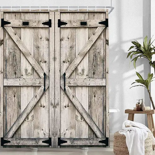 Rustic Wooden Vintage Farmhouse Country Barn Door Shower Curtain with 12 Hooks, Waterproof Garage Cabin Shower Curtain, 69X70in