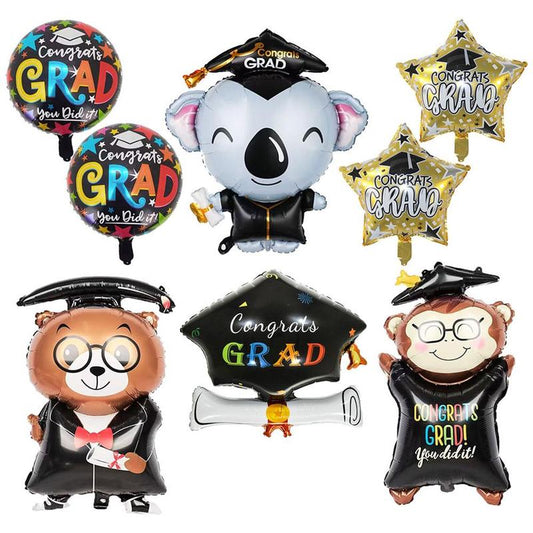 Cartoon Animal Graduation Party Balloon (8pcs), Congratulations To Graduates Foil Balloons with Tape, Party Supplies