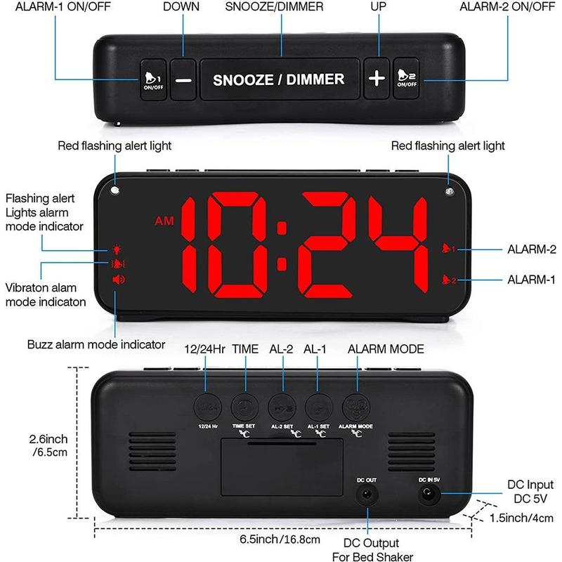 6.5 Inch Led Digital Vibrating Alarm Clock, 1 Count Usb Large Display Digital Clock with 4 Modes, Bed Shaker Alarm Clock for Home Use