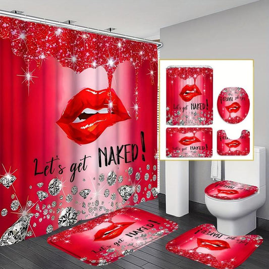 Letter & Lip Pattern Bathroom Set (4 Counts) Including 1 Count?Waterproof Shower Curtain (with 12 Hooks), 1 Count?Toilet Lid Cover, 1 Count?Rectangular Mat & 1 Count?U-shaped Mat, Bathroom Accessories