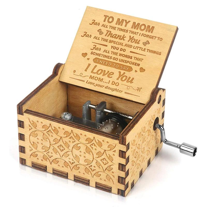 Wooden Music Box, 1 Count Hand Crank Engraved Musical Box, Vintage Gift For Mother