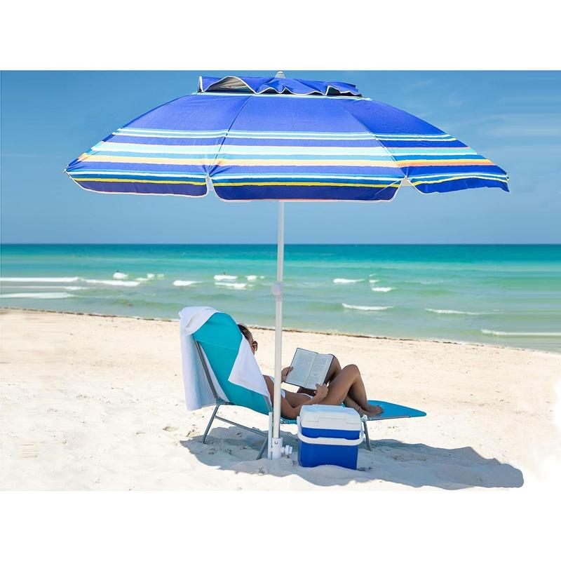 7ft Heavy Duty High Wind Beach Umbrella Parasols with sand anchor &amp; Tilt Sun Shelter,  Protection Outdoor Sunshade Umbrellas Carry Bag for Patio Garden Pool Backyard Stripe Blue