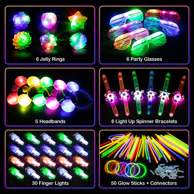 Mocoosy 103Pcs Glow in the Dark Party Supplies, Light Up Party Favors LED Neon Toys Bulk for Kids With 50 Glow Sticks, 30 Finger Lights, 6 Led Glasses, 6 Jelly Rings, 6 Light Up Bracelets, 5 Headbands