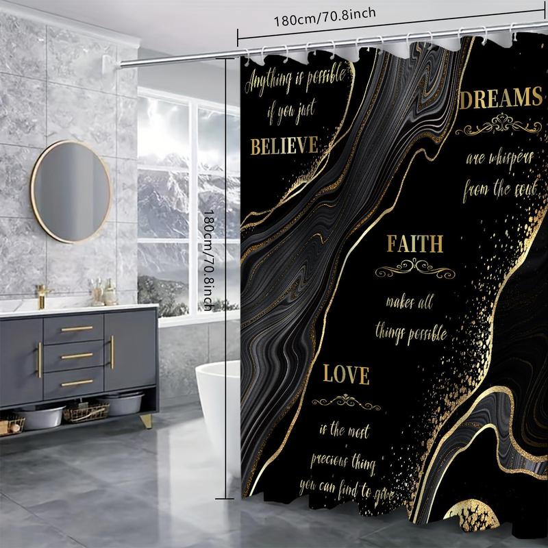 Home Essentials Bathroom Accessories Set, 4 Counts/set Letter & Marble Pattern Bathroom Decor Set, Including Non-slip Bath Mat, Toilet Lid Mat, U-shaped Commode Contour Rug & Shower Curtain with Hook, Summer Gift Ideas, Fall Gifts