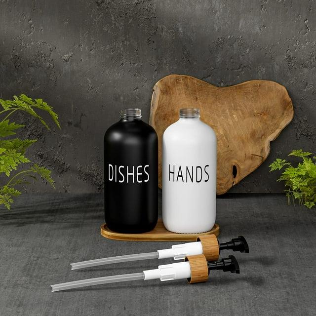 Glass Soap Dispenser Set, Contains Glass Hand Soap Dispenser and Glass Dish Soap Dispenser with Wooden Base Suitable for Black and White Kitchen Decor