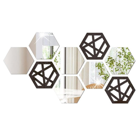 9pcs/set Hexagonal Cutout Wall Stickers, Hexagonal Mirror Wall Stickers, Home Wall Decoration For Living Room & Bedroom