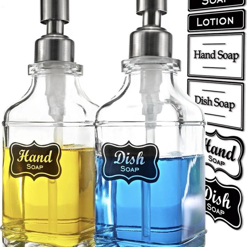 2Pack Antique Design Glass Soap Dispenser with Rust Proof 304 Stainless Steel Pump, Refillable Hand Soap Dispenser with 10Pcs Stickers, Premium Soap Dispensers for Kitchen & Bathroom (Clear)