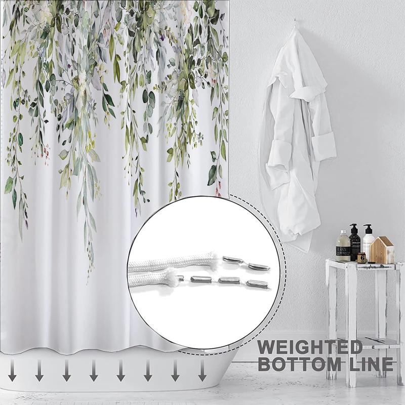 Sage Green Eucalyptus Shower Curtain Sets,Spring Watercolor Plant Leaves Floral Bathroom Curtains,Modern Minimalist Bath Curtain, Waterproof Fabric with 12 Hooks 72x72 Inches Flower