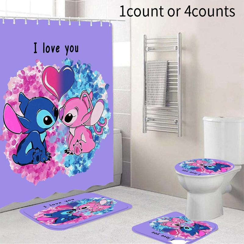 Cartoon Animal Pattern Bathroom Set, 1 Shower Curtain & 1 Bathroom Rug & 1 Toilet U-shape Mat & 1 Toilet Lid Cover Pad, Bathroom Accessories