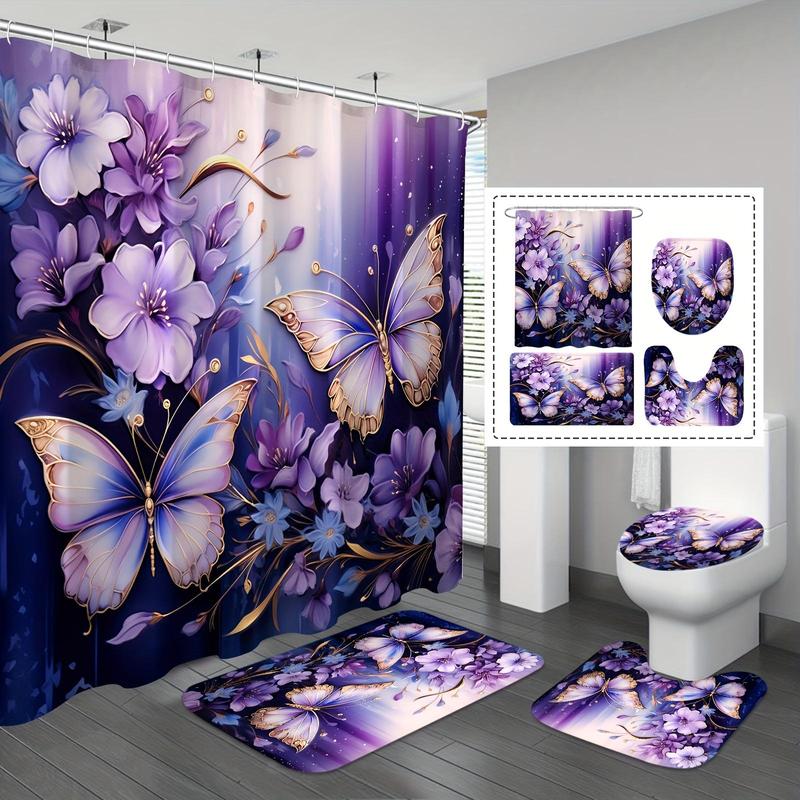 Butterfly & Floral Pattern Bathroom Accessories Set (4 Counts), Waterproof Bath Curtain with Hooks & Toilet U-shaped Mat & Toilet Lid Cover & Bath Mat Set, Bathroom Decor Set, Bathroom Accessories, Bathroom Decor Supplies