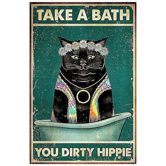 Metal Bathroom Sign, Funny Black Cat Wall Sign for Cat Lovers Gifts, Vintage Look Metal Sign Bathroom