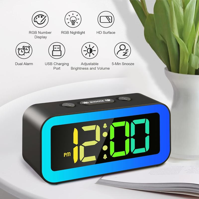 Colorful Nightlight LED Digital Alarm Clock with Super Loud Dual alarm, Weekday mode, Snooze, Dimmer, USB Charging Port for Livingroom, Bedroom, Bedside, Heavy Sleeper, Adult, Kid, Teens, gift, Black