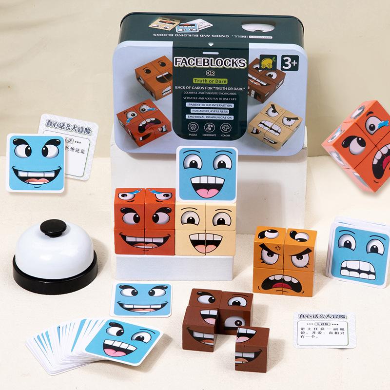 Wooden Expressions Matching Block Game Face-Changing Cube Building Blocks Board Games for Family Night Puzzle Games face  puzzle