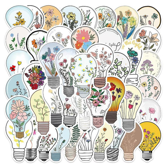 Cartoon Flower & Lamp Bulb Pattern Decorative Sticker?For Creative DIY, 50pcs?Scrapbooking & Journal Making Material Paper, DIY Decorative Sticker Sets