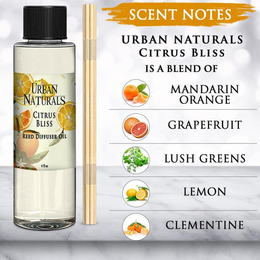 Urban Naturals Citrus Bliss Mandarin & Grapefruit Scented Reed Diffuser Oil Refill + Replacement Reed Sticks | Fresh, Bright Citrus Scent 4 oz.