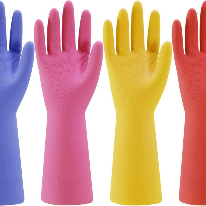 Rubber Kitchen Dishwashing Gloves - 4 Pairs Colorful Reusable Household Cleaning Gloves for Washing Dishes and Cleaning Tasks, Flexible Durable and Non-Slip (Large, Blue+Pink+Yellow+Orange)