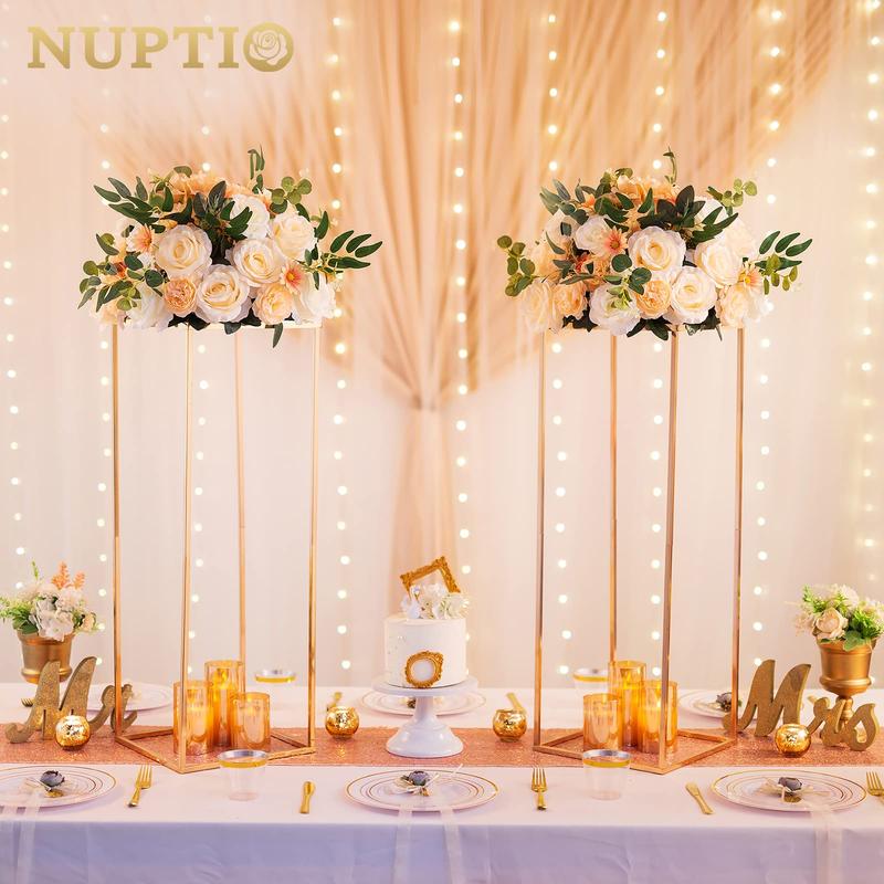 Nuptio set of 2 Metal Flower Floor Vase Column Flower Stand Geometric Centerpieces Vase for Tables, 80cm/31.5in Tall Gold Flower Holder for Home Party Wedding Decorations, Rectangular Flower Display Rack Ornaments