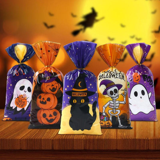 Halloween Candy Bag, 100pcs/pack Mixed Halloween Themed Candy Wrapping Bag, Party Decoration Supplies for Halloween Party, Halloween Essentials