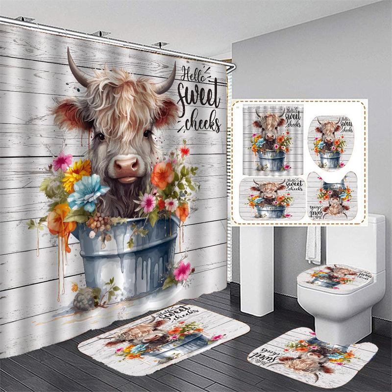 Cow & Flower Pattern Bathroom Set, 4 Counts/set Cute Cow & Flower Pattern Bathroom Curtain & Toilet Lid Mat & Bathroom Rug, Bathroom Accessories Set, Home Decor, Home Accessories, Room Decor Set