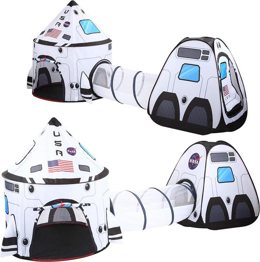 White Rocket Ship Pop up Play Tent with Tunnel and Playhouse Indoor Outdoor Spaceship Tent Set