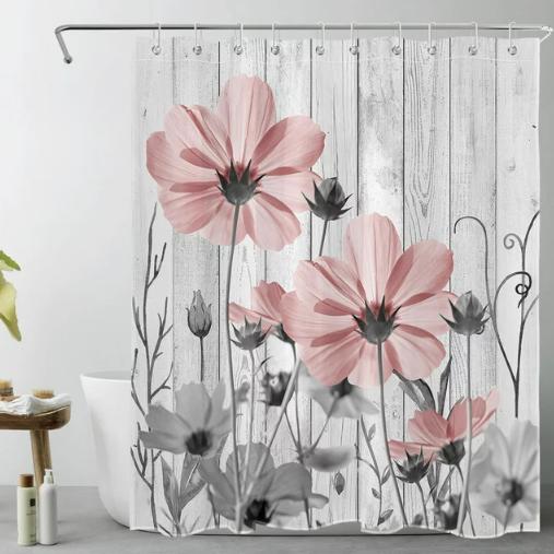 Pink Flower Shower Curtain,Vintage Watercolor Floral Grey Wooden Planks 60X72 inch Lightweight