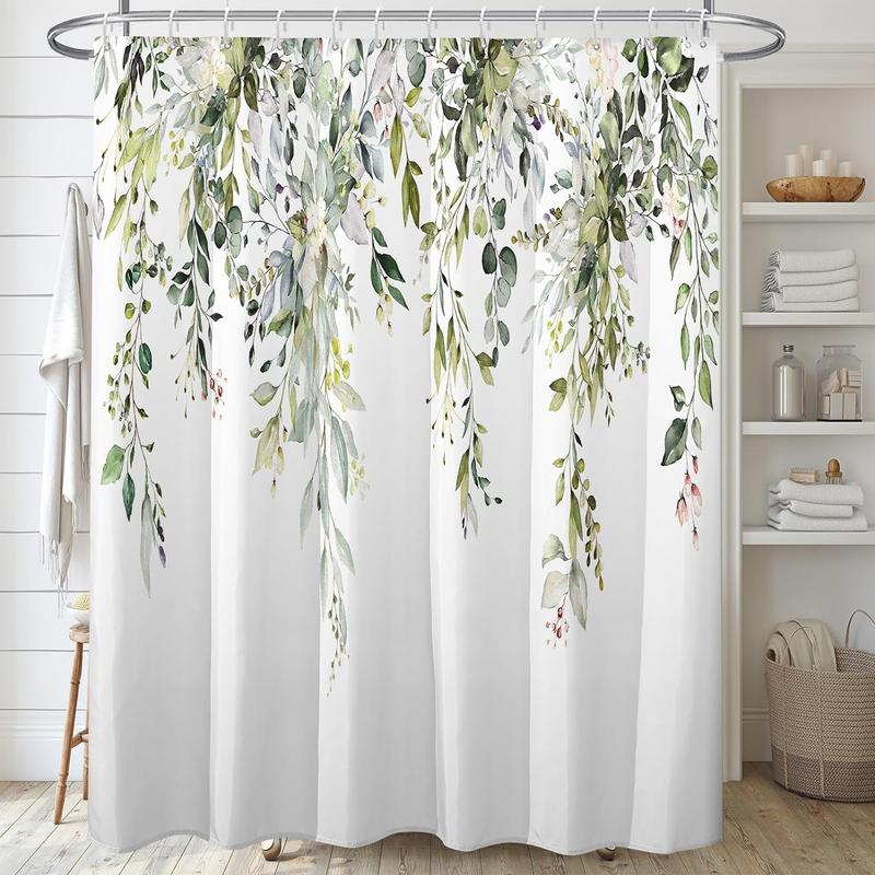 Sage Green Eucalyptus Shower Curtain Sets,Spring Watercolor Plant Leaves Floral Bathroom Curtains,Modern Minimalist Bath Curtain, Waterproof Fabric with 12 Hooks 72x72 Inches Flower