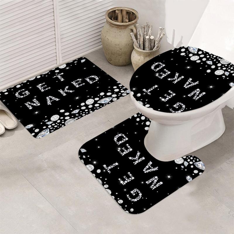 Diamond Letter Pattern Shower Curtain/ Shower Curtain & Toilet Lid Cover & Bath Rug & U Shaped Toilet Mat Set, Room Decor, Summer Gifts (12 Shower Curtain Hooks Included)