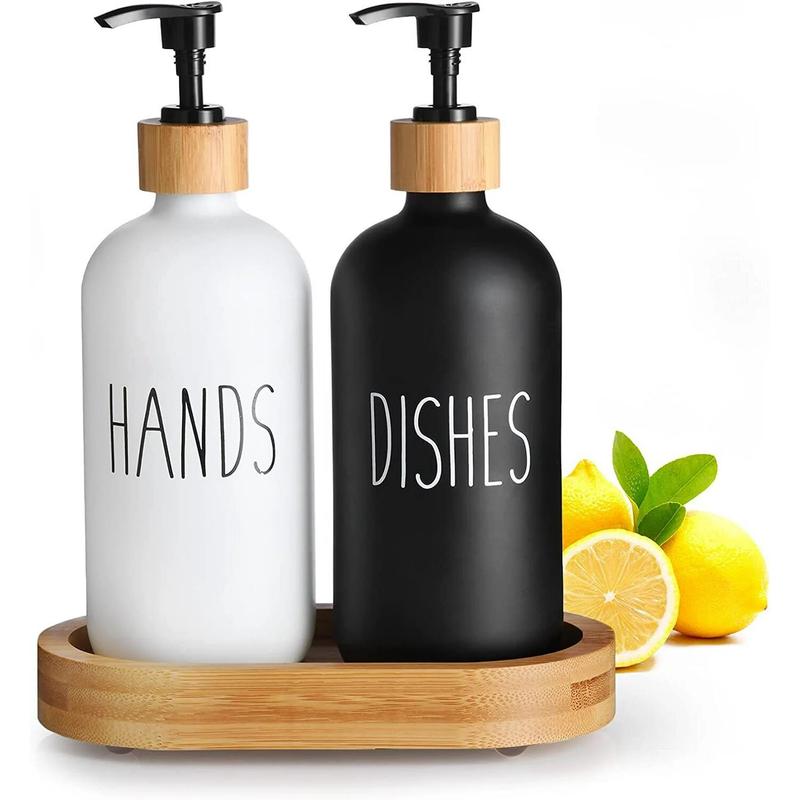 Glass Soap Dispenser Set, Contains Glass Hand Soap Dispenser and Glass Dish Soap Dispenser with Wooden Base Suitable for Black and White Kitchen Decor