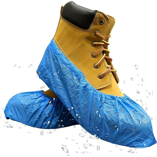 Waterproof Disposable Boot & Shoe Covers | Durable,Textured Treads,Latex Free | Stronger than Competitor-5 Mil |100-Pack Blue|