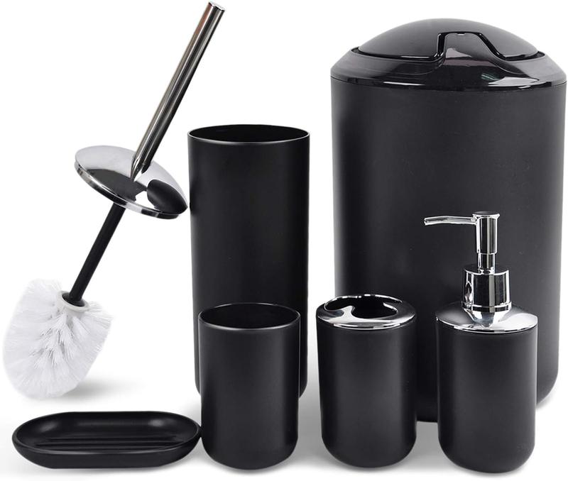 Black 6 Piece Bathroom Accessories Set - Soap Dispenser, Toothbrush Holder, Cup, Dish - Housewarming Gift