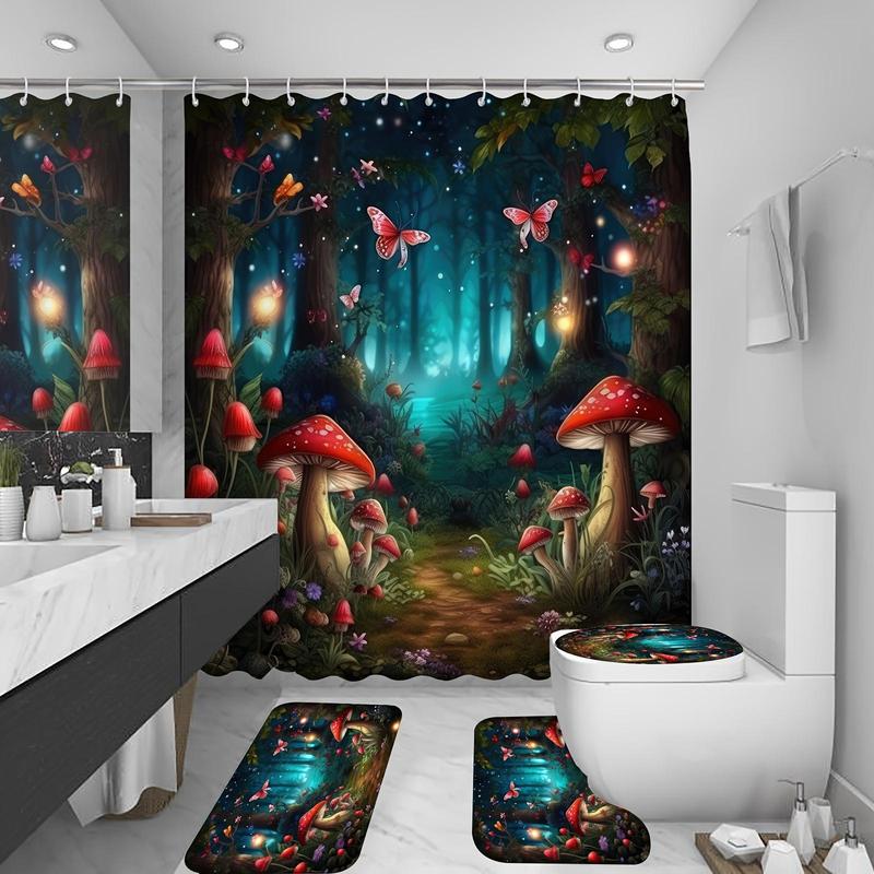 Forest & Mushroom Pattern Bathroom Decor Set, 4 Counts Non-slip Bath Mat & U-shaped Commode Contour Rug & Toilet Lid Mat & Shower Curtain with 12 Hooks, Bathroom Accessories