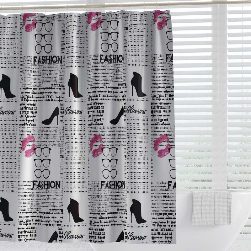 Letter & Lip & High Heel Pattern Shower Curtain, Waterproof Shower Curtain with 12pcs Hooks, Bathtub Partition Curtain, Bathroom Supplies for Home Use