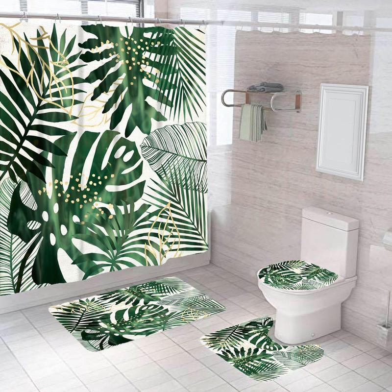 Bathroom Decor Accessories, Tropical Leaf Print Shower Curtain, Boho Style Waterproof Shower Curtain with Hooks, Household Bath Curtain for Home Bathroom