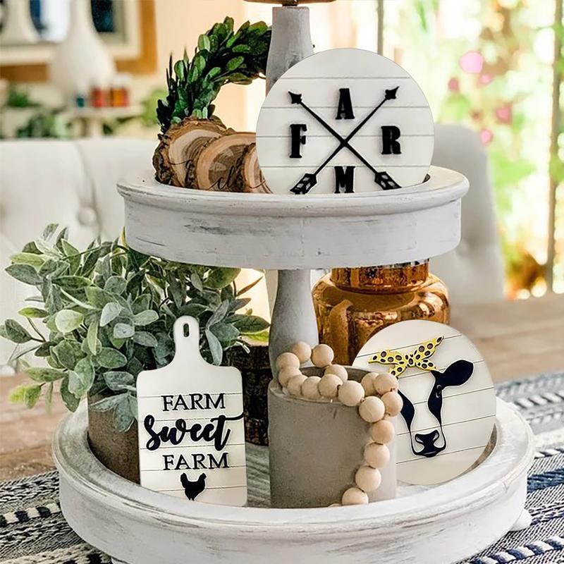 3pcs Wooden Sign, Letter & Cow Pattern Ornament, Tiered Tray Decorations