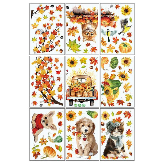 Fall Themed Static Cling Window Sticker, 9 Counts/set Cute Dog & Maple Leaf & Cat Pattern Window Decal, Decorative Sticker for Home Living Room & Bedroom