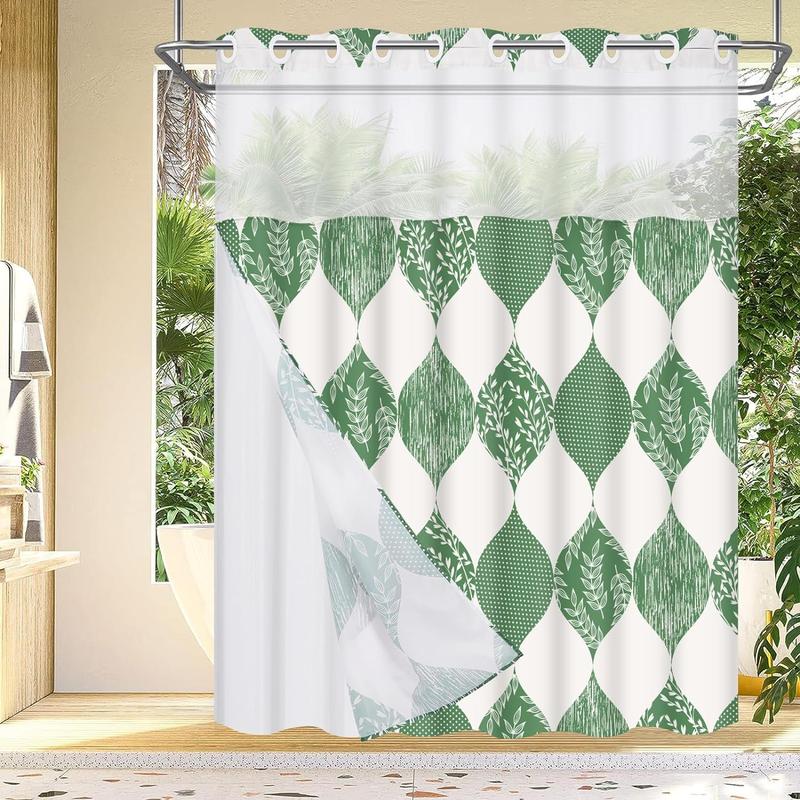 Machine Washable Hookless Shower Curtain | Green Botanical Elegance | Modern No-Hook Design with Built-In Liner for Easy Home Bathroom Decor