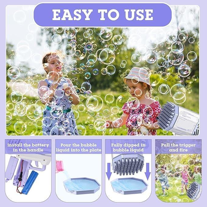 Bubble Machine, Bazooka Bubble Machine, Bubble Machine with Bubble Solution, 69 Holes Bubble Bazooka Machine Outdoor Summer Toy Gifts Party Favors for Kids Purple Bubble Maker Blowers