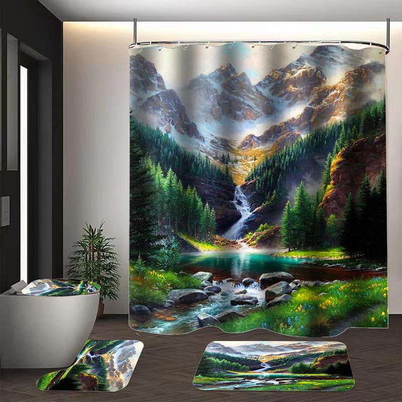 Mountain Landscape Pattern Bathroom Decoration Set, 4pcs/set Simple Waterproof Shower Curtain & Rug & Toilet Lid Cover & Mat, Including 12pcs Hooks, Bathroom Decoration Supplies, Bathroom Supplies