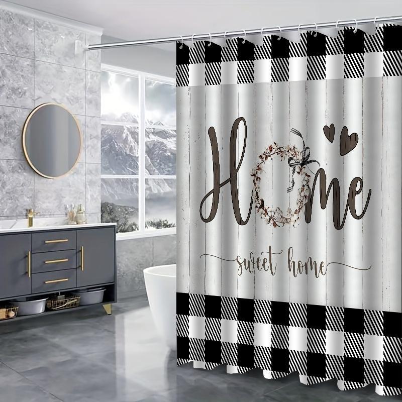 Plaid & Letter Pattern Decorative Bathroom Home Decor Set, 4counts Modern Non-slip Bathroom Decoration Set Including Water Proof Bath Curtain, Toilet Lid Mat & Bath Mat, Bath Rugs, Summer Bathroom Accessories, Household Bundle