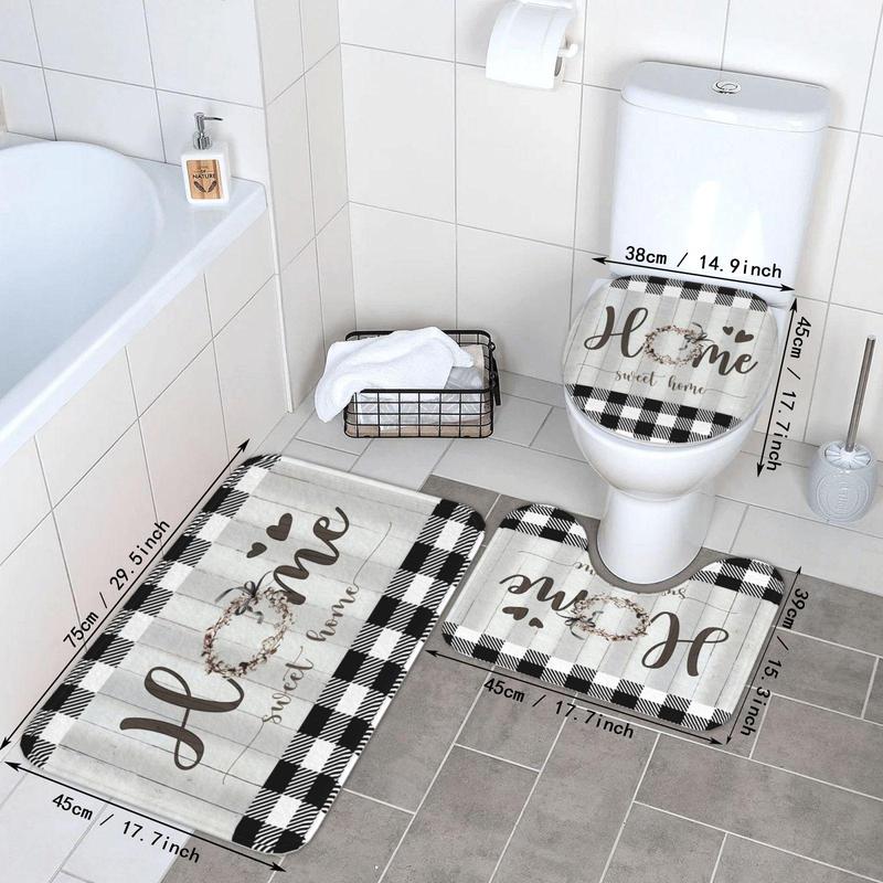 Plaid & Letter Pattern Decorative Bathroom Home Decor Set, 4counts Modern Non-slip Bathroom Decoration Set Including Water Proof Bath Curtain, Toilet Lid Mat & Bath Mat, Bath Rugs, Summer Bathroom Accessories, Household Bundle